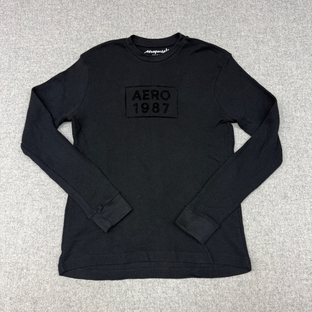 Aeropostale | Thermal Shirt | Small | Black | Waffle Knit Aero 1987 Graphic Logo